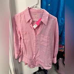 Lilly Pulitzer Sea View Linen Button Down Shirt Top, Urchin Pink